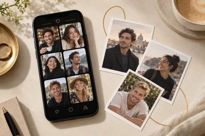 Illustrative phone and AI-generated lifestyle portrait cards