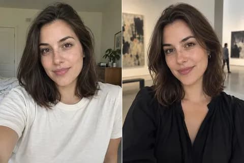 AI-generated woman: indoor selfie on the left, gallery portrait on the right