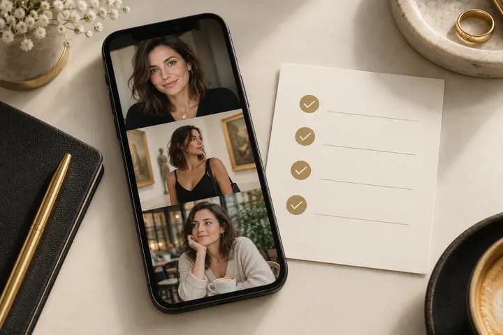 Illustrative phone with AI portraits beside an application checklist