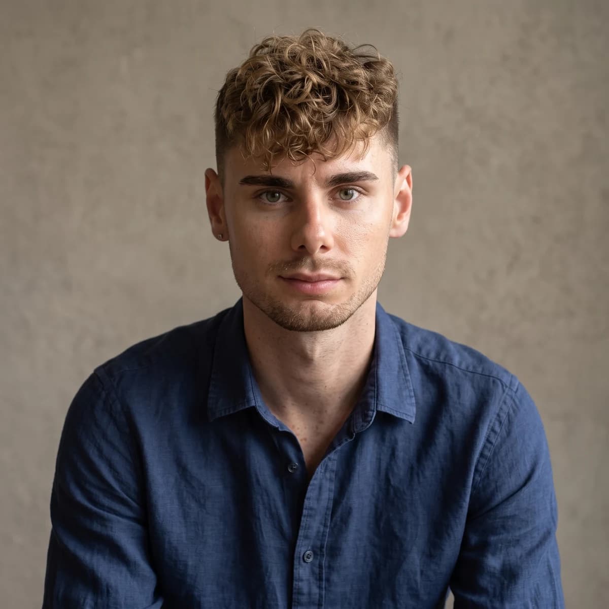 Modèle adulte aux cheveux bouclés en chemise bleu marine devant un mur gris chaud. Image IA générée par Nano Banana 2.1 à partir de vraies photos de référence.