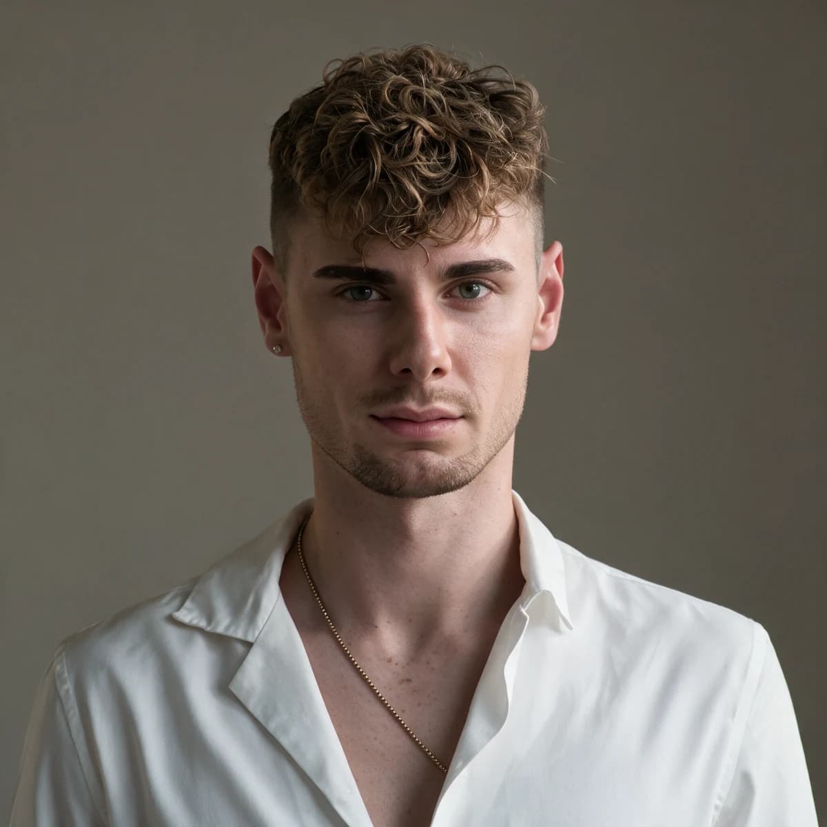 Modèle adulte aux cheveux bouclés en chemise blanche à col ouvert et chaîne dorée devant un mur gris chaud. Image IA générée par Seedream 5.0 Pro à partir de vraies photos de référence.
