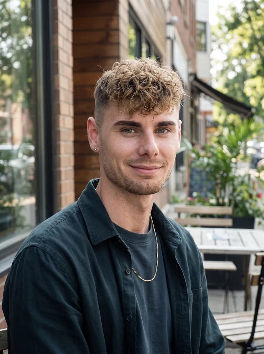 Modèle adulte aux cheveux bouclés en surchemise sombre devant un café. Image IA générée par Nano Banana 2.1 à partir de vraies photos de référence.
