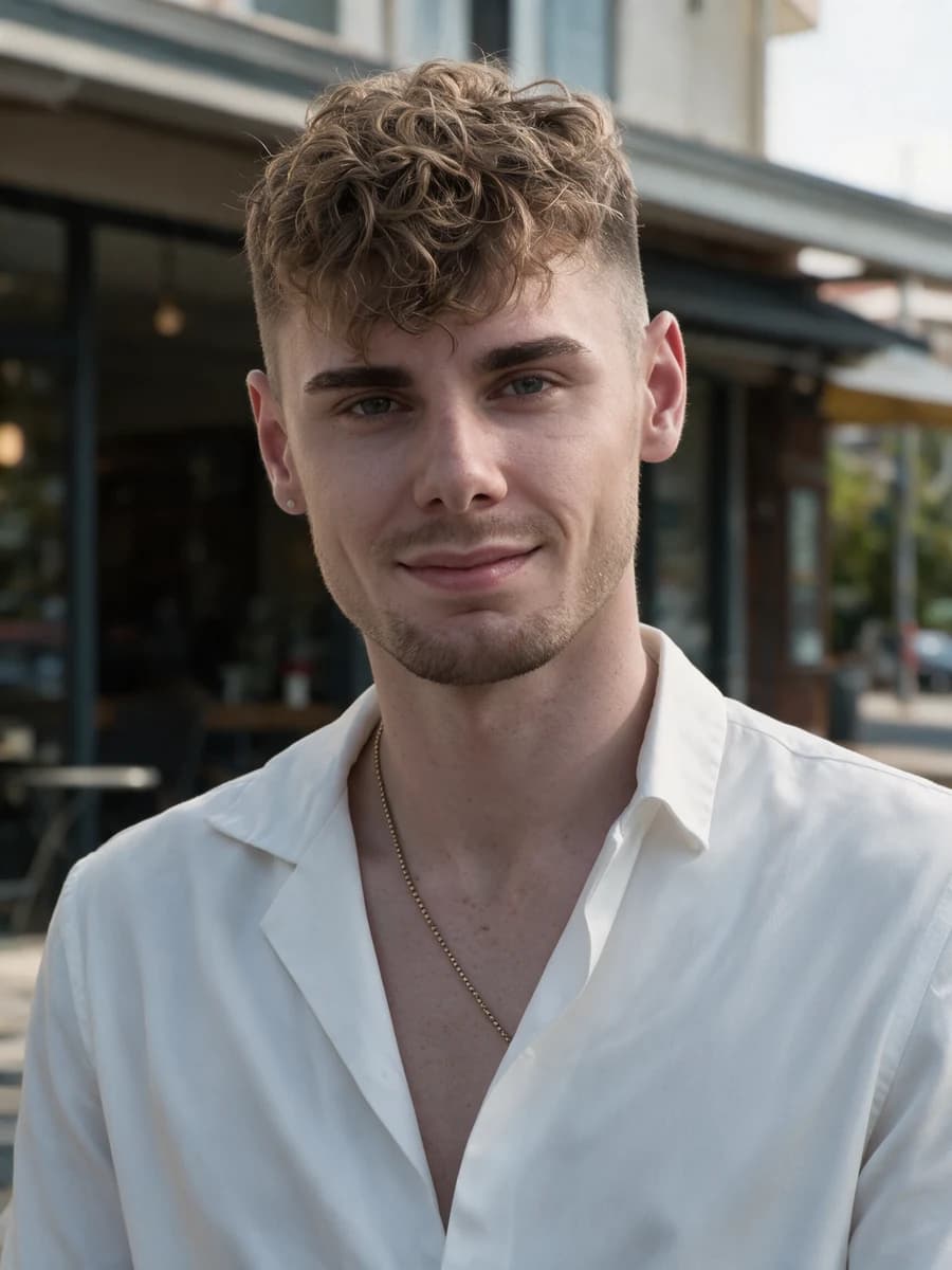 Modèle adulte aux cheveux bouclés en chemise blanche à col ouvert et chaîne dorée devant un café. Image IA générée par Seedream 5.0 Pro à partir de vraies photos de référence.