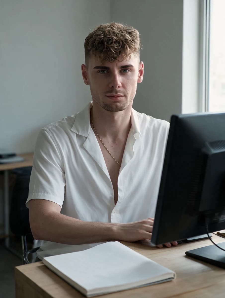 Modèle adulte aux cheveux bouclés en chemise blanche à col ouvert et chaîne dorée à un espace de travail. Image IA générée par Seedream 5.0 Pro à partir de vraies photos de référence.