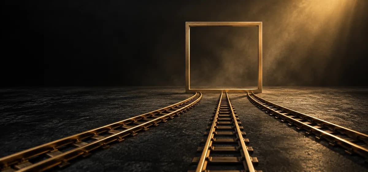 Narrow gold rails converging on an empty frame representing different inputs to a recommendation