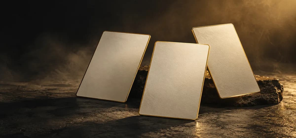 Three blank gold-edged cards at different angles representing distinct Hinge prompt answers