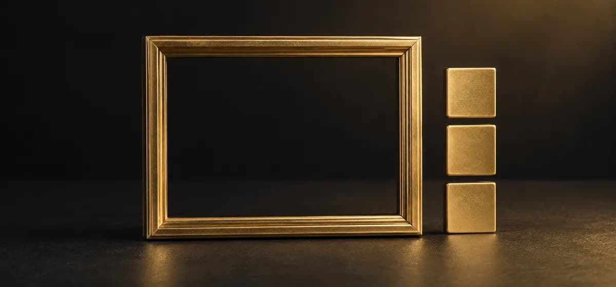 AI illustration: empty gold photo frame beside three plain gold tiles, representing photos and prompts