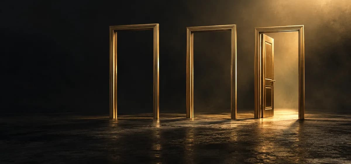 Empty gold door frames with one ajar representing different application states without a promised outcome