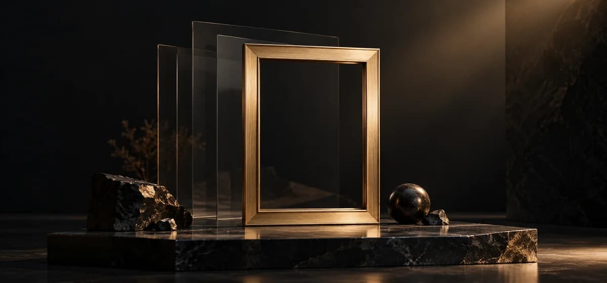 Illustration éditoriale d'un cadre doré vide avec des couches de verre sombre, et non une image produite par Seedream
