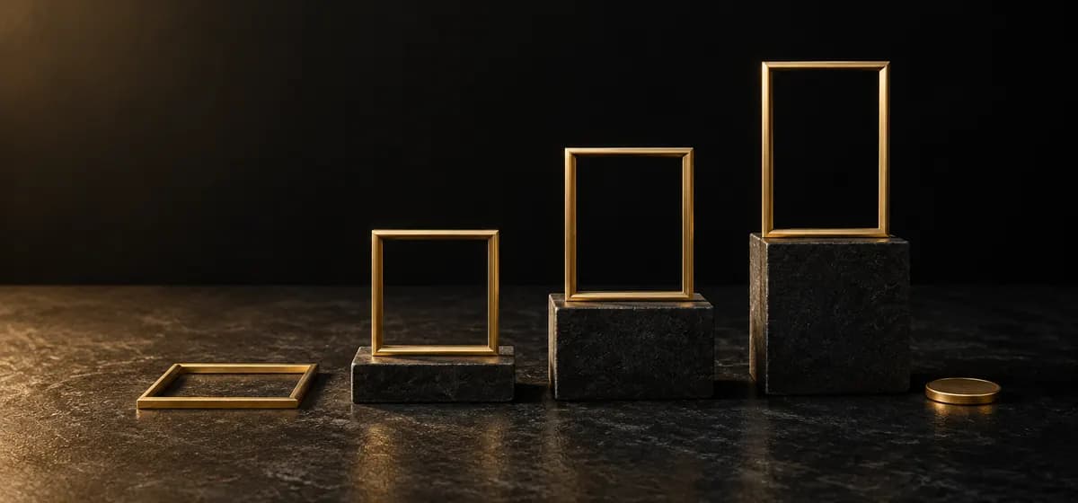 AI illustration: empty gold frames on dark plinths beside a brass coin, representing free and paid choices