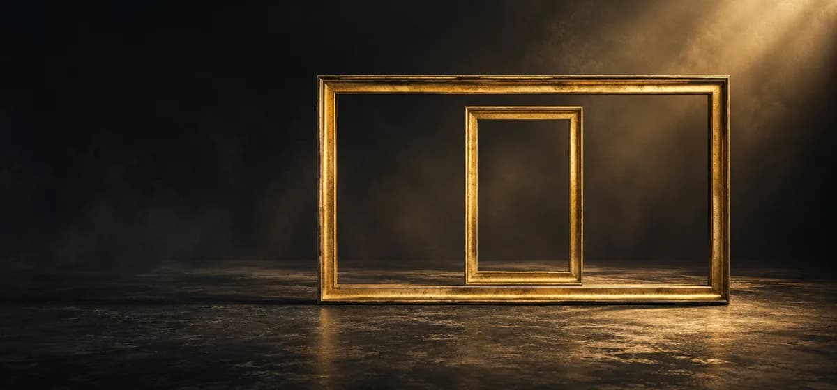 A wide empty gold frame containing a vertical frame representing different photo crops
