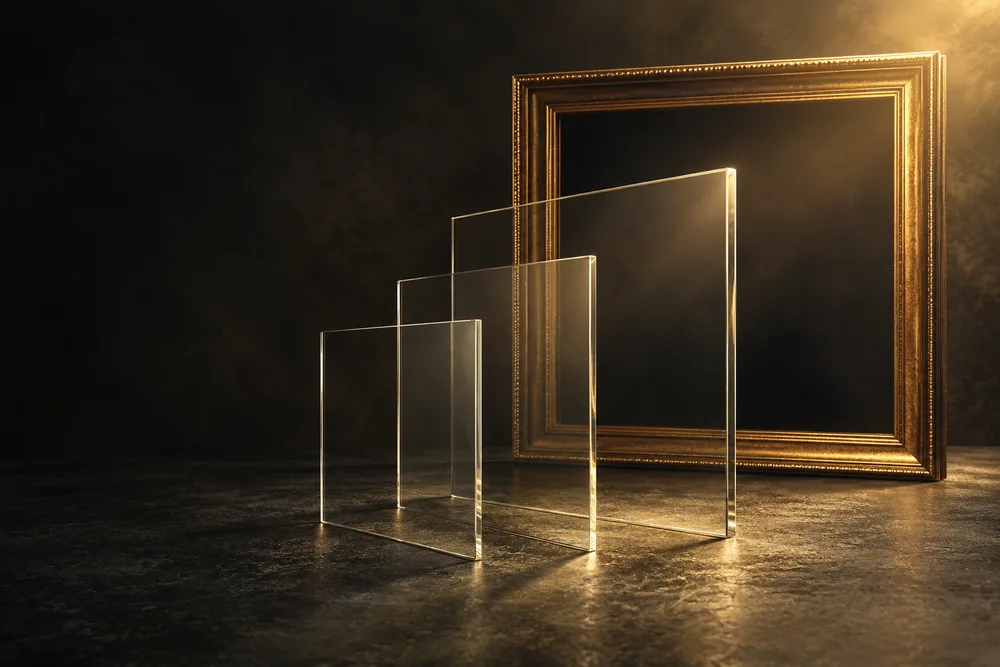Clear glass panes before an empty gold frame representing multiple reference views