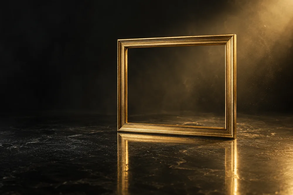 An empty gold frame accurately reflected on a dark surface representing a likeness check