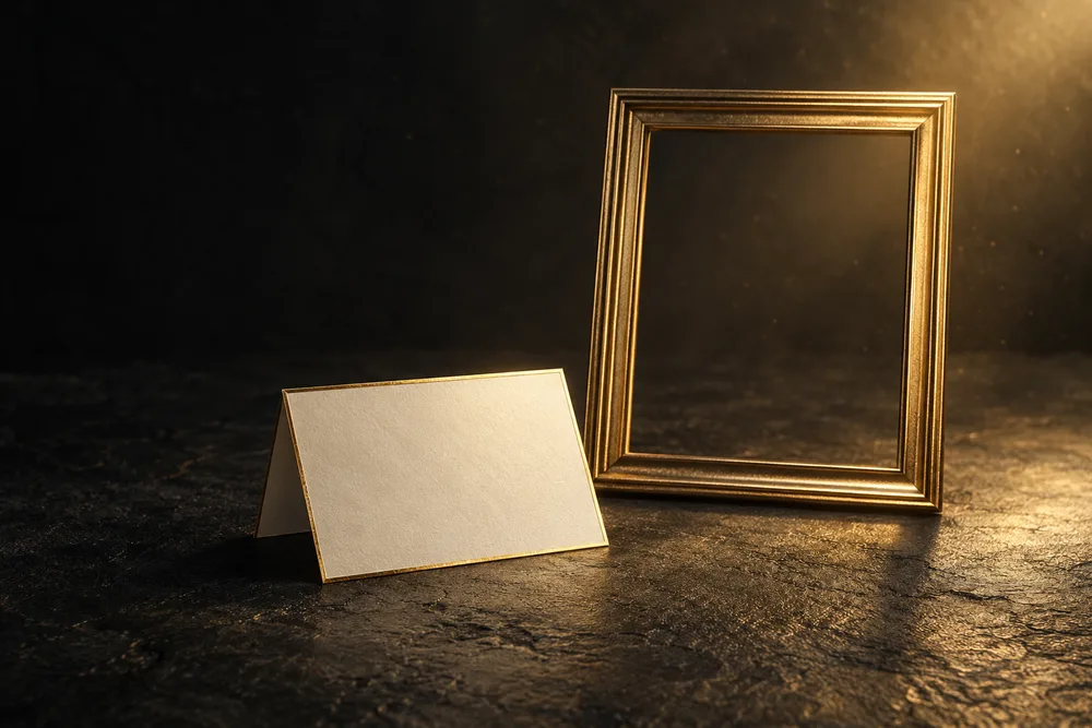 A blank folded note beside a gold frame representing a clear explanation of image creation