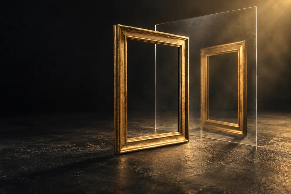 Empty gold frames reflecting through a glass pane representing accuracy and transparency