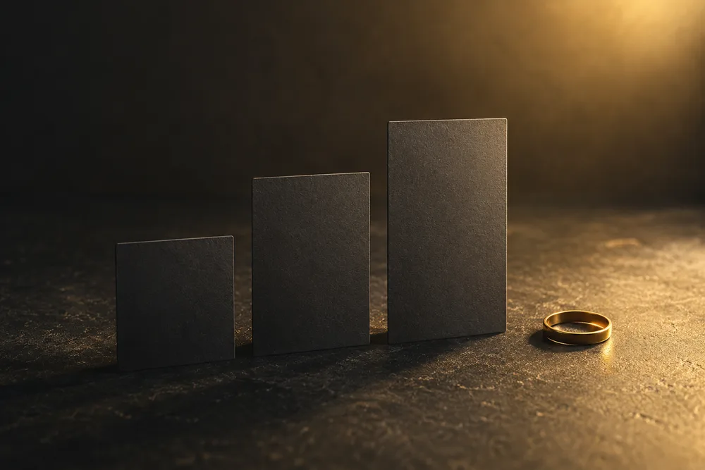 Blank charcoal cards at different heights beside a gold ring representing subscription choices