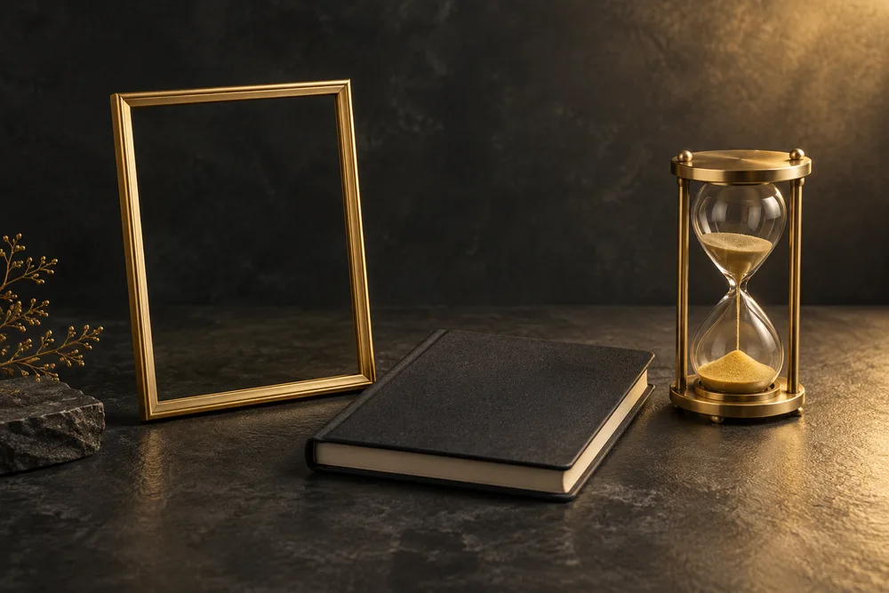 Empty gold frame, closed notebook and hourglass representing a subscription review before renewal