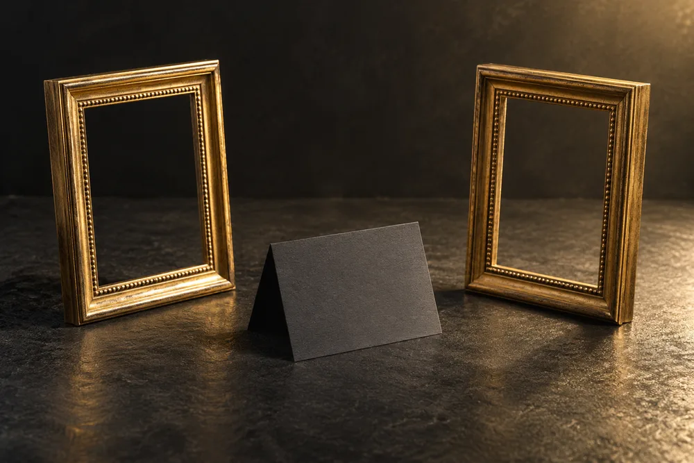 Two empty gold frames facing a blank folded card representing reciprocal opening messages