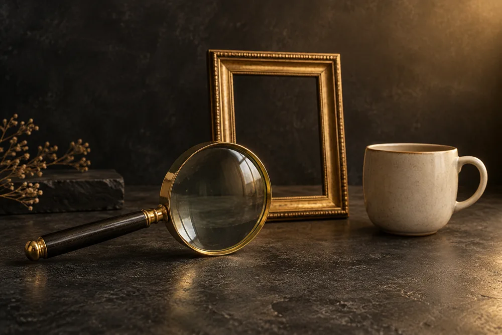 Gold magnifying lens beside an empty frame and ceramic cup representing a careful profile check before a date