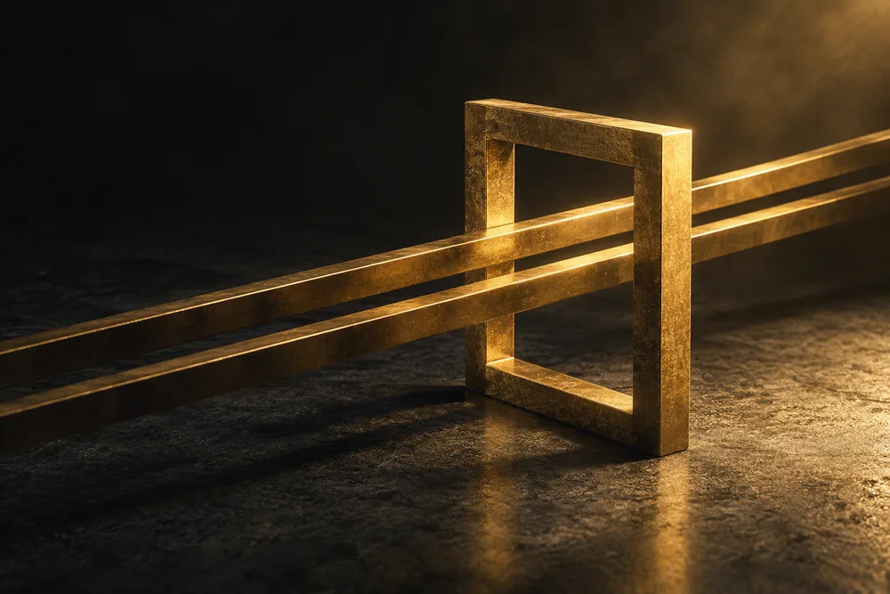 Two gold rails passing through an empty frame representing recommendation inputs