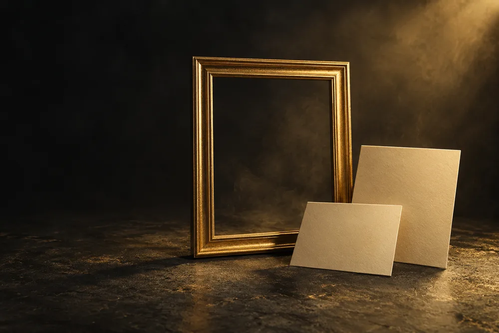 Un marco dorado vacío junto a tarjetas en blanco que representan fotos y respuestas trabajando juntas