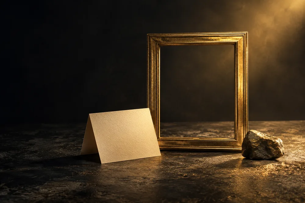 An empty gold frame beside a blank folded card and stone representing a specific personal detail