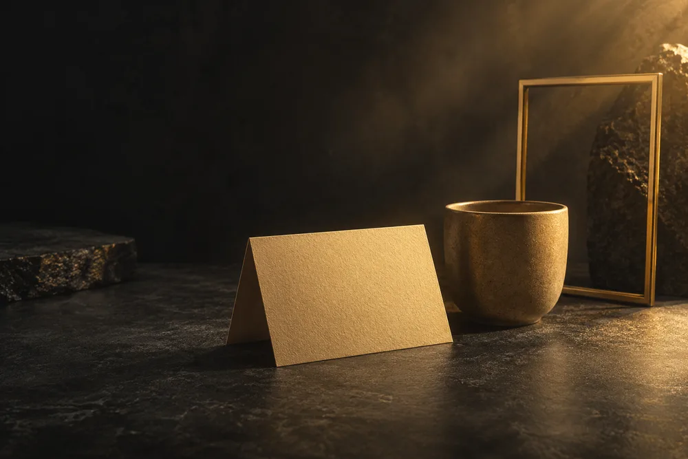 A folded blank card beside a cup and an empty frame representing an everyday story