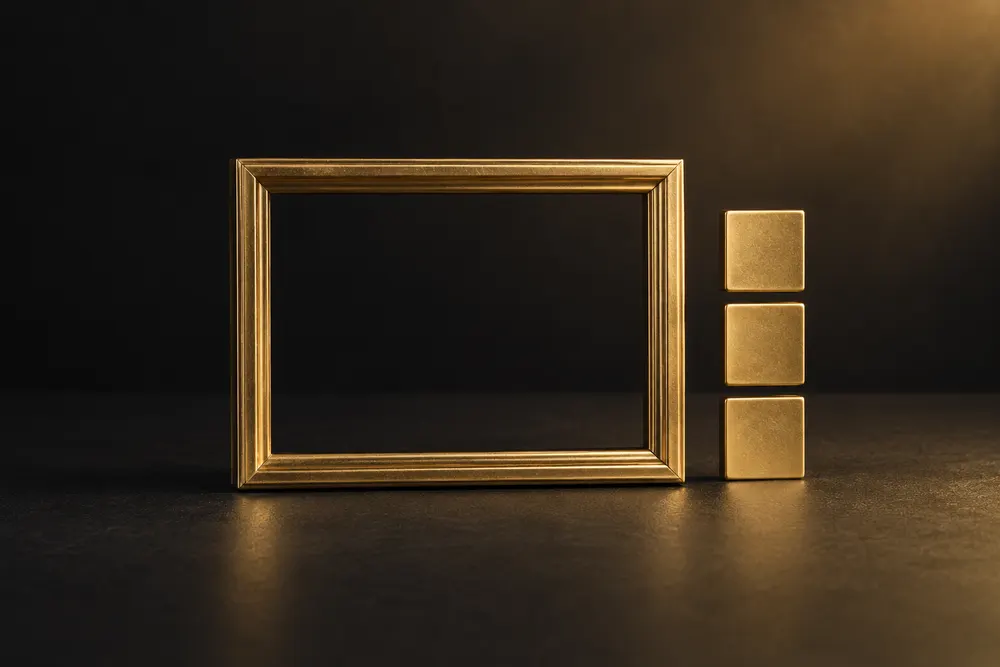 Ilustración IA: marco de foto dorado vacío y tres piezas doradas para representar fotos y prompts