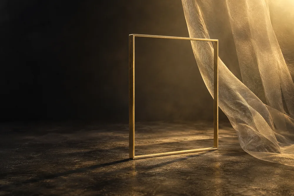 Goldener Rahmen neben einem weichen Lichtdiffusor mit dezenten Schatten im Studio