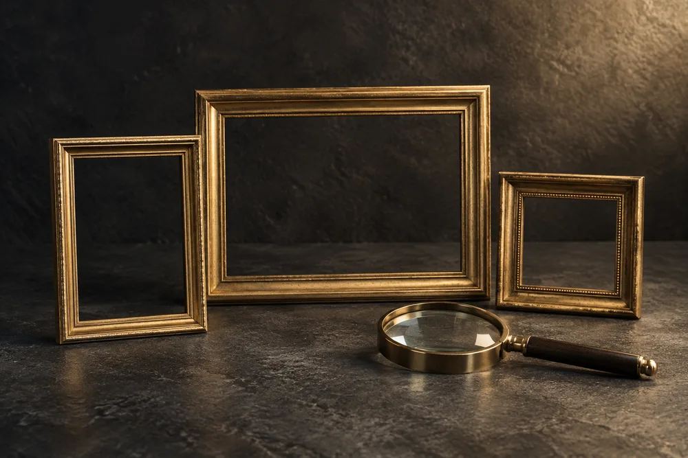 Cadres dorés vides de proportions différentes près d'une loupe pour illustrer la comparaison des cadrages