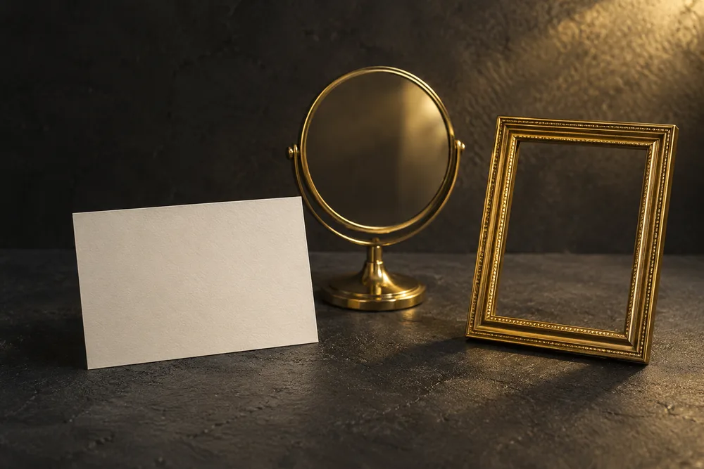 Carte vierge près d'un petit miroir doré et d'un cadre vide pour distinguer avis extérieur et ressemblance