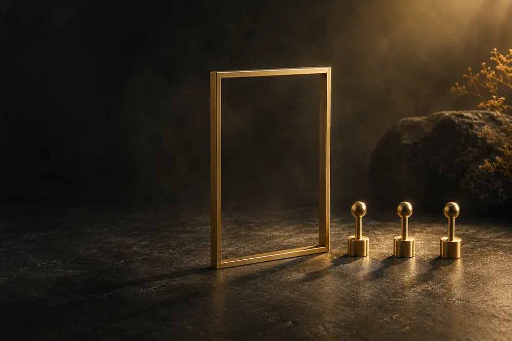 An empty gold frame beside aligned gold pegs representing a structured application check