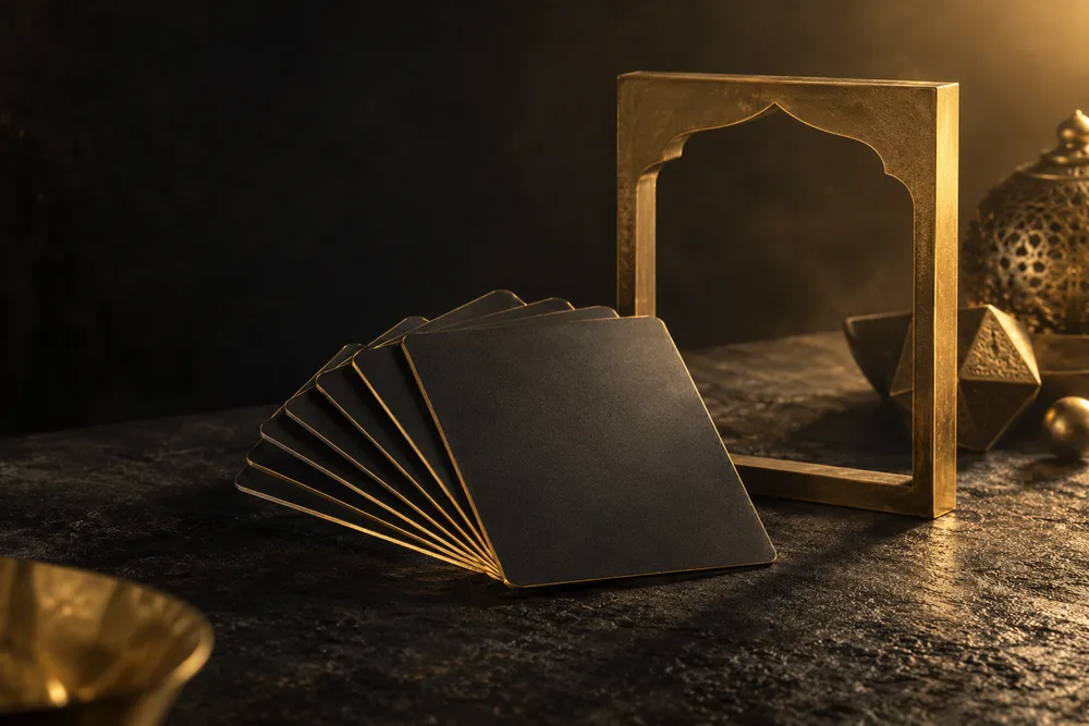 Blank gold-edged cards beside an empty frame representing consistent application details