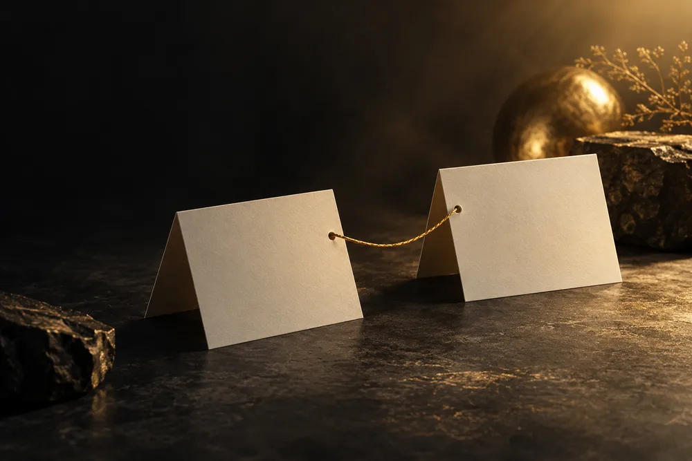 Blank folded note cards linked by a gold cord representing a thoughtful referral request