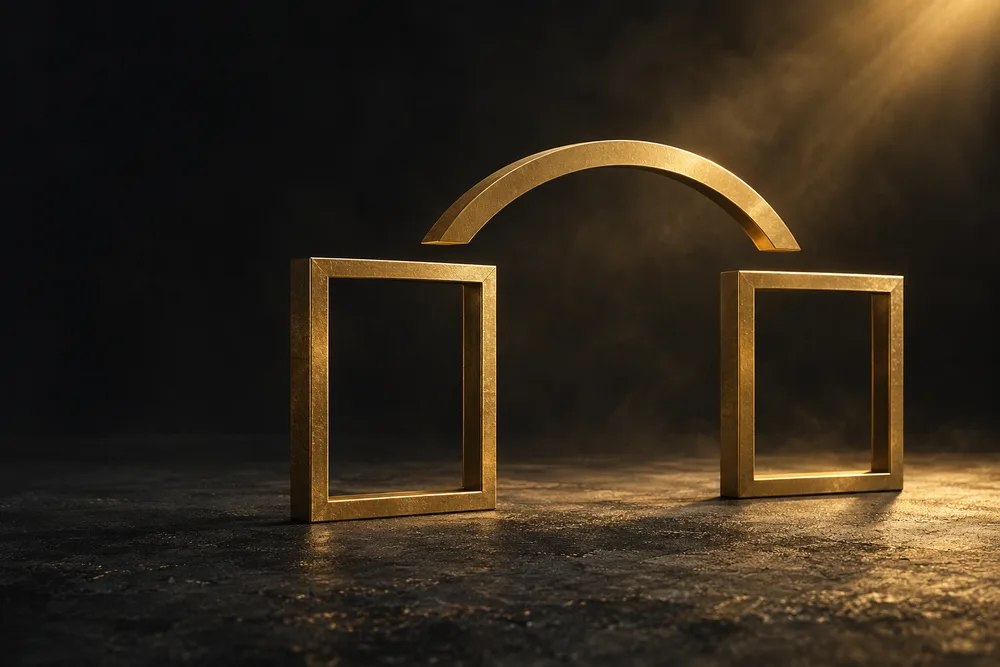 A gold arch between two empty frames representing a connection without pressure