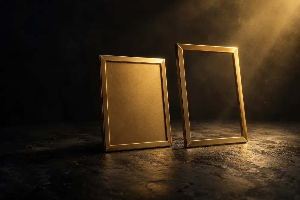 A closed gold frame beside an open frame representing distinct application states
