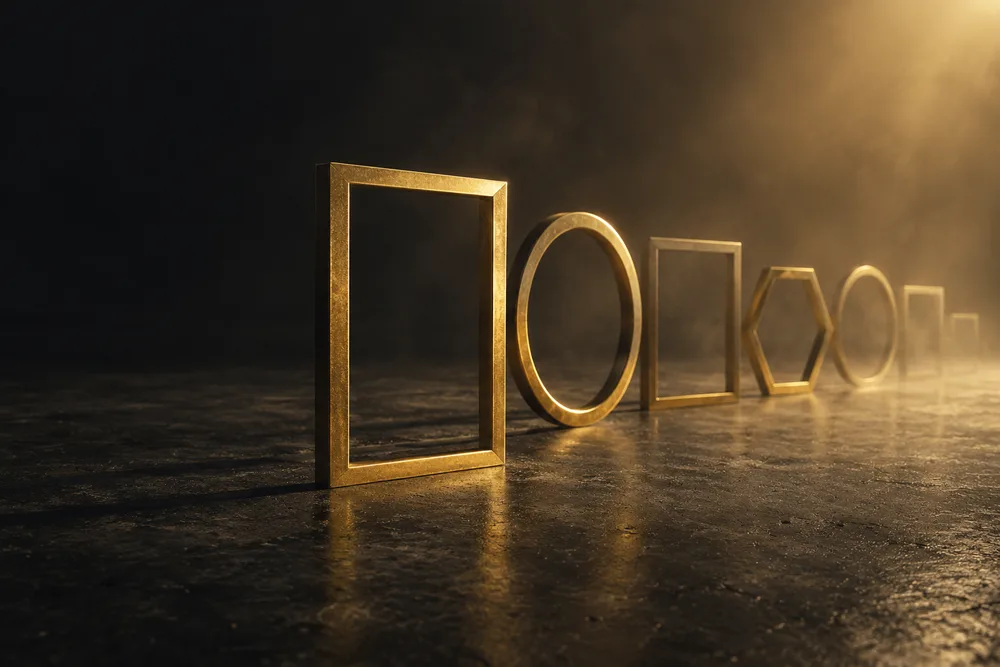 A row of empty gold frames continuing into haze representing an uncertain waiting period