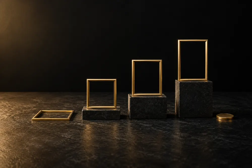 AI illustration: empty gold frames on dark plinths beside a brass coin, representing free and paid choices