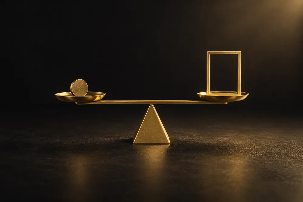 AI illustration: a gold balance scale holds a brass coin and an empty frame, representing a subscription decision