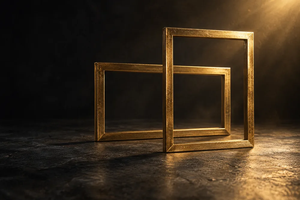 Intersecting gold frames with different proportions representing upload framing choices