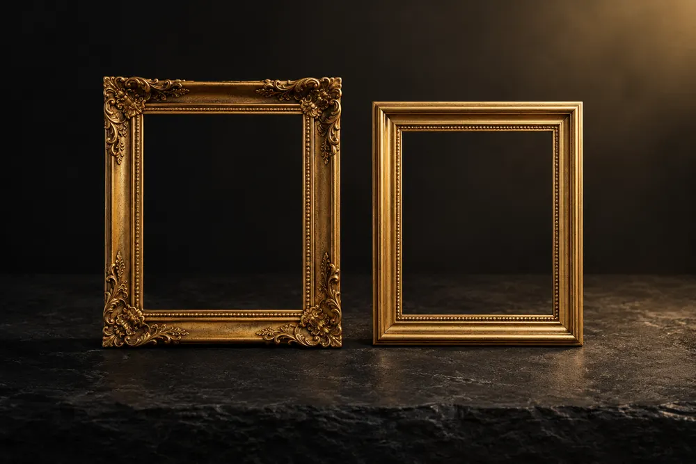 AI illustration: two empty gold frames stand side by side on dark stone, representing a comparison of dating formats