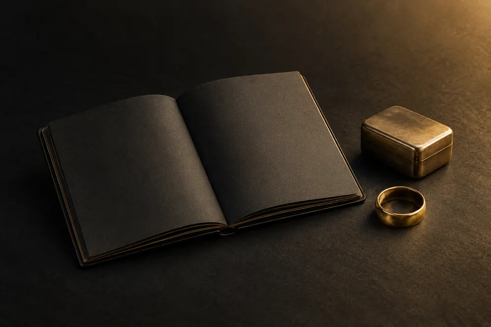 AI illustration: blank black notebook beside a gold ring and closed brass box, representing a personal review