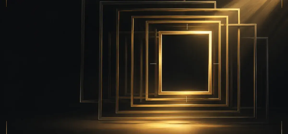 Concentric dark picture frames converging on one sharply lit empty frame, representing many attempts resolving into a single true likeness