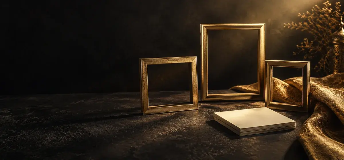Orderly empty gold frames beside stacked blank cards representing a prepared application