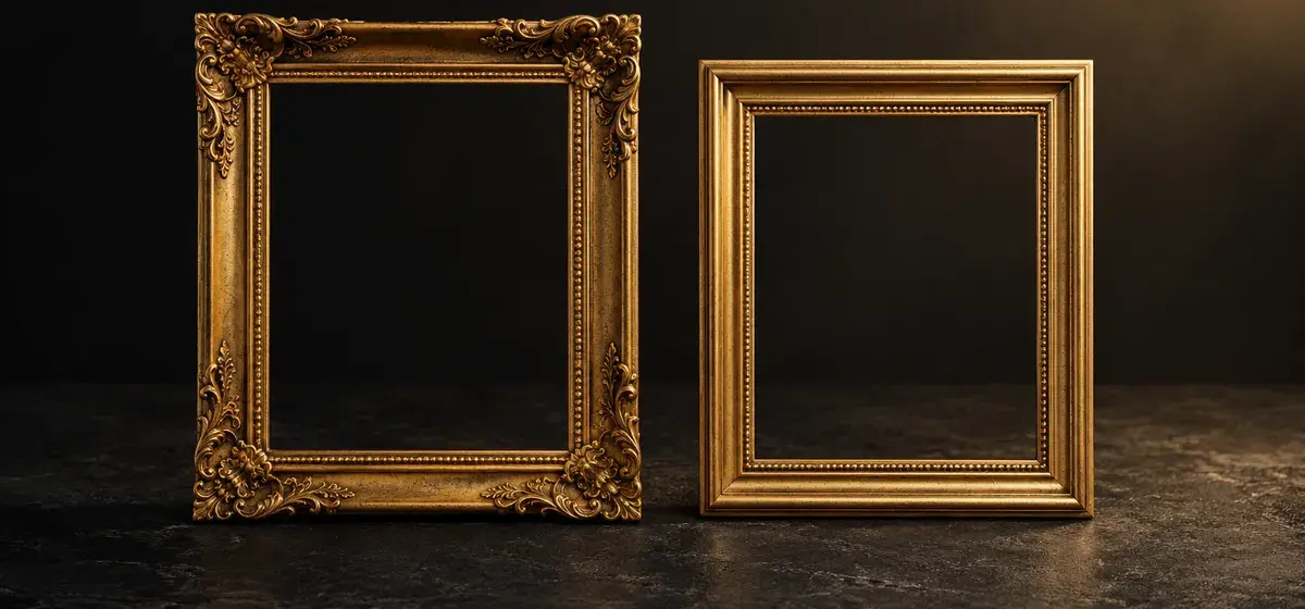 AI illustration: two empty gold frames stand side by side on dark stone, representing a comparison of dating formats