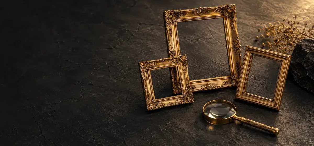 Empty gold photo frames and a magnifying lens on a dark desk illustrating different photo feedback methods