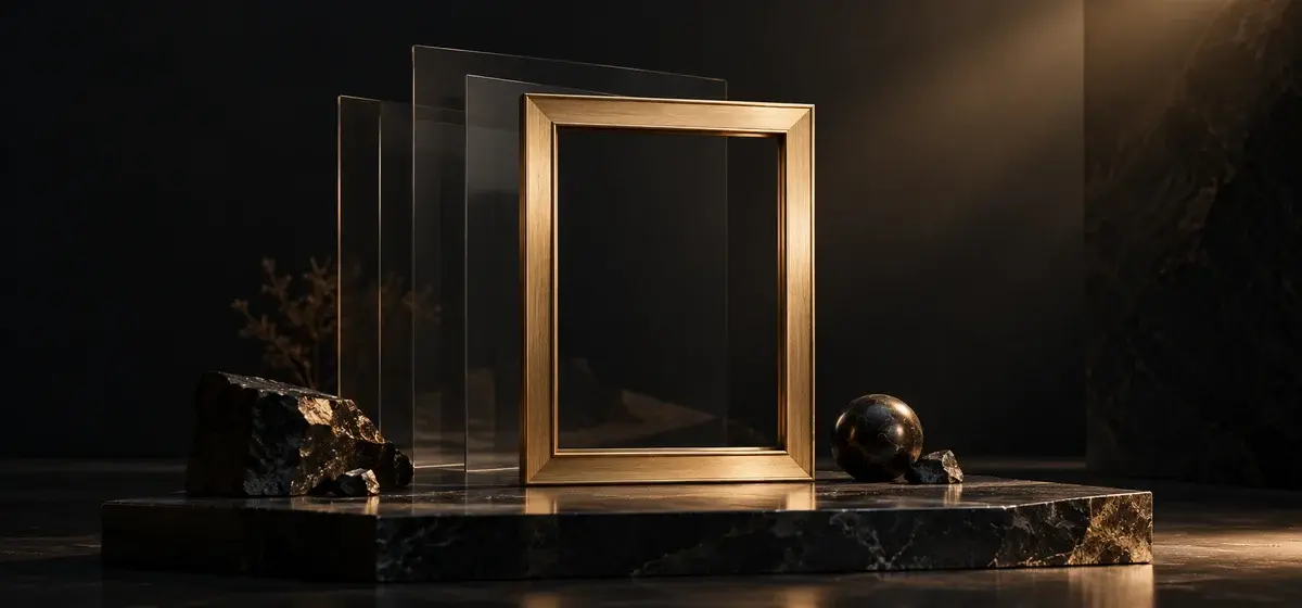Editorial illustration of an empty gold portrait frame with layered dark glass, not a Seedream output