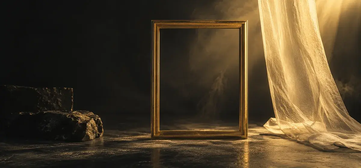 An empty gold picture frame beside a translucent diffuser representing soft portrait lighting
