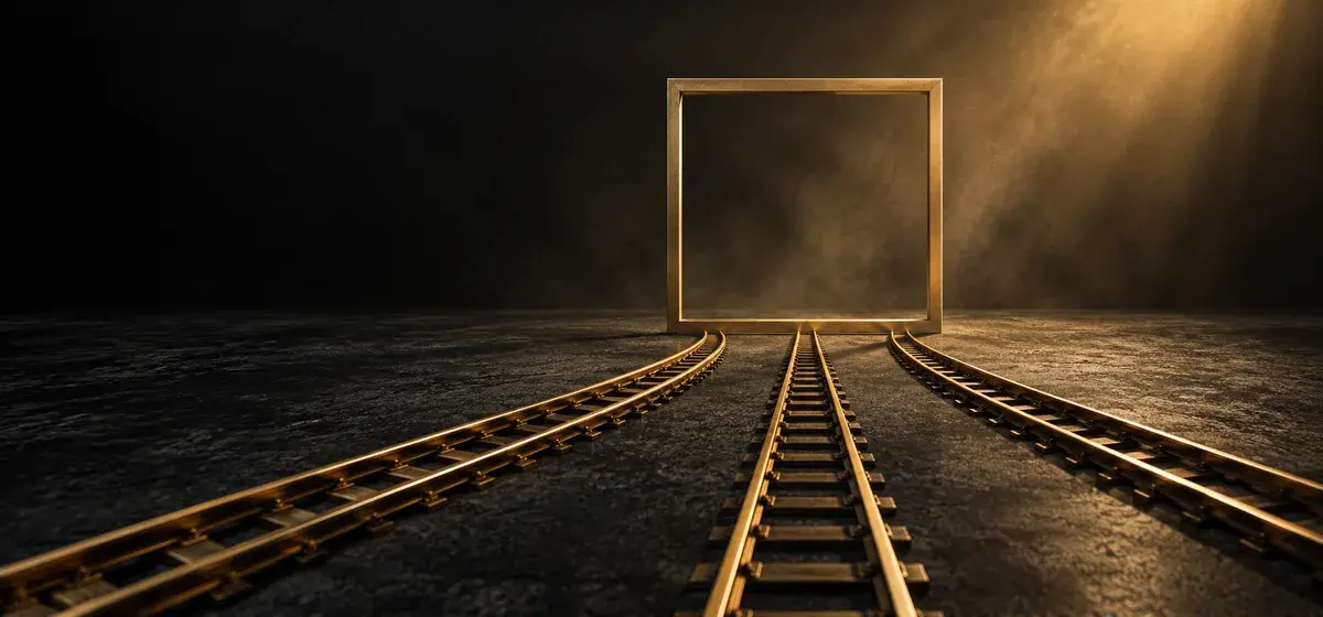 Narrow gold rails converging on an empty frame representing different inputs to a recommendation