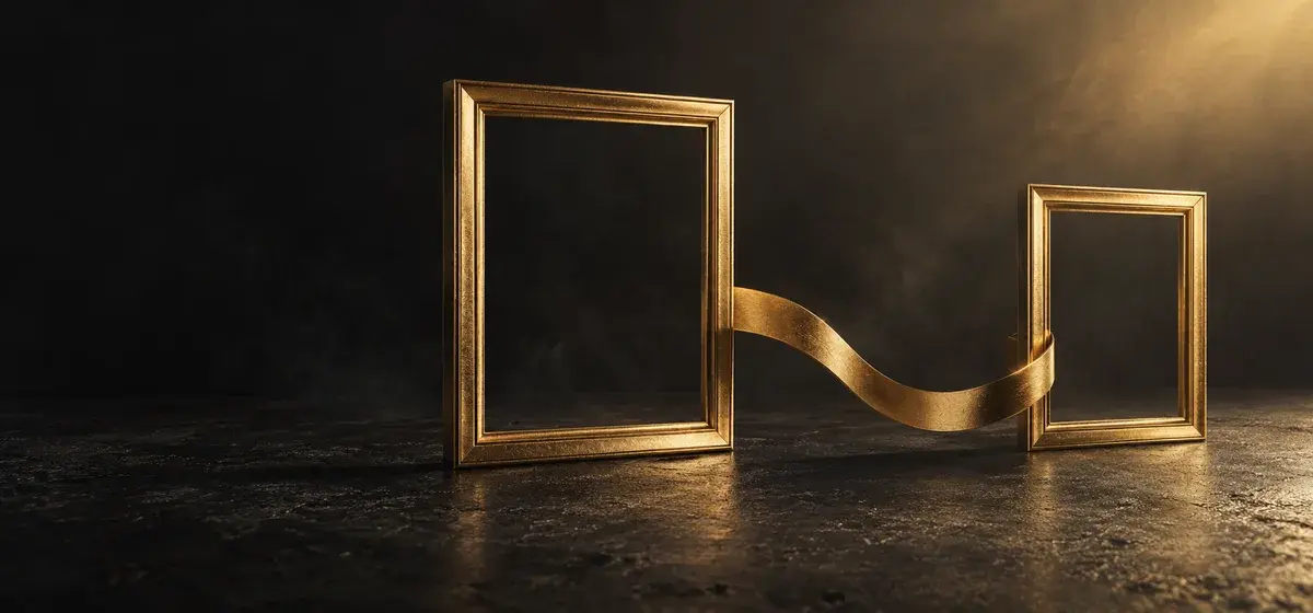 Two empty gold frames linked by a curved ribbon representing a genuine personal connection